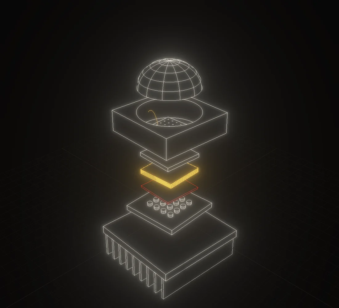 Line drawing of a deep-ultraviolet LED package, exploded into its layers with numbered labels